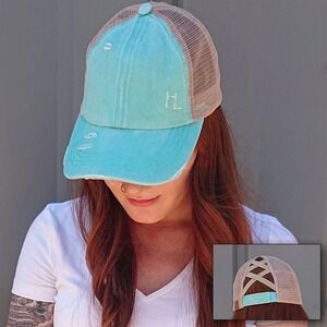 CC Beanie Women Distressed Denim Mesh Criss Cross Ponytail Baseball Trucker Hat